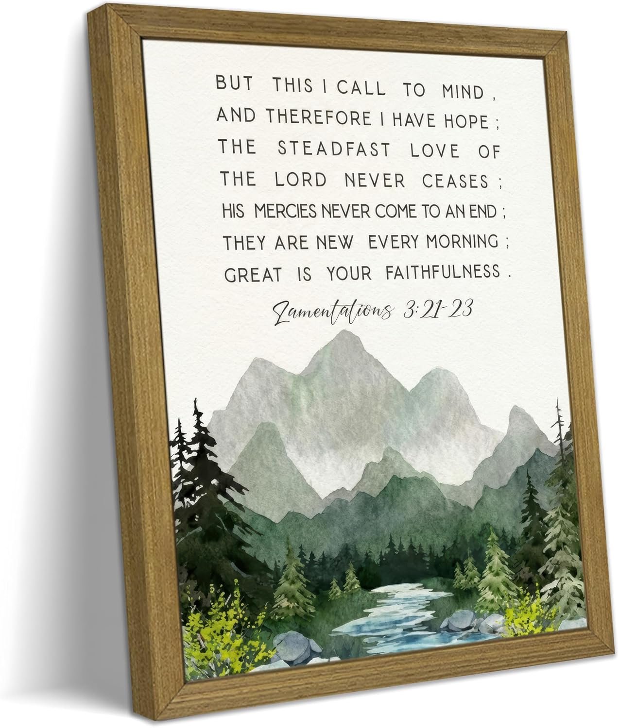 Christian Bible Verse Wall Art 8×10 Inch Framed Canvas Print, Lamentations 3:21-23 Scripture Quote Landscape Wall Decor Painting, Rustic Inspirational Religious Home Decor for Living Room Bedroom Office