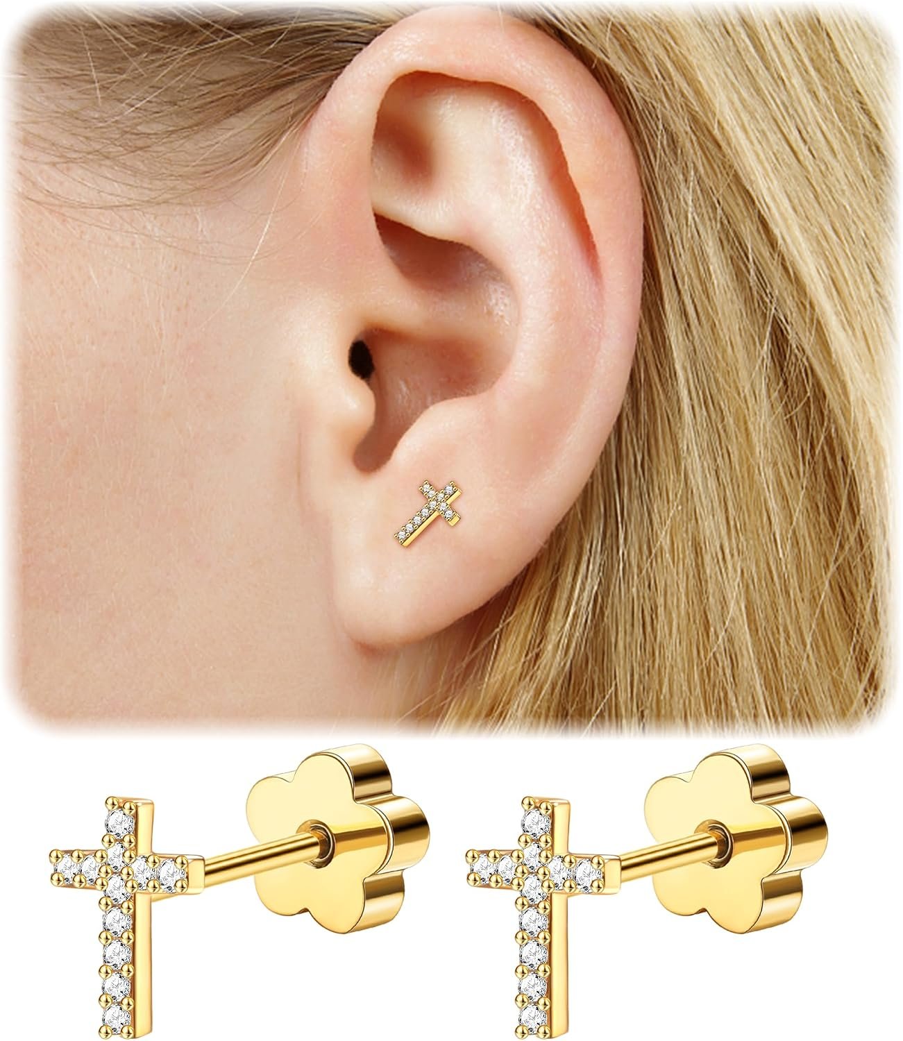 14K Gold Plated Small Stud Earrings for Girls Women Hypoallergenic Surgical Steel Cartilage Flat Back Stud Earrings CZ Cross Dot Bar Heart Handmade Screw Back Earrings Studs