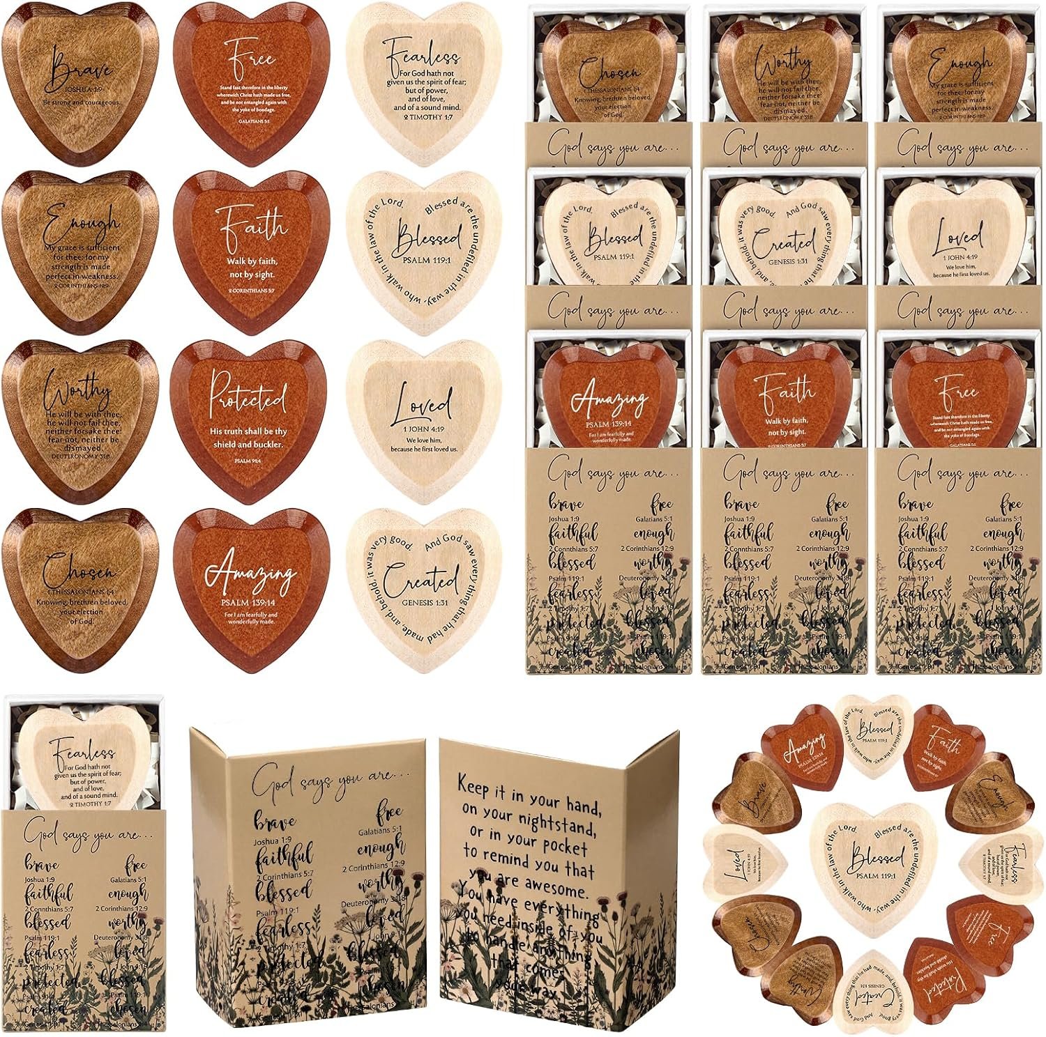 Yalikop 36 Sets Christian Gift Bulk Wooden Scripture Hearts, Multicolor