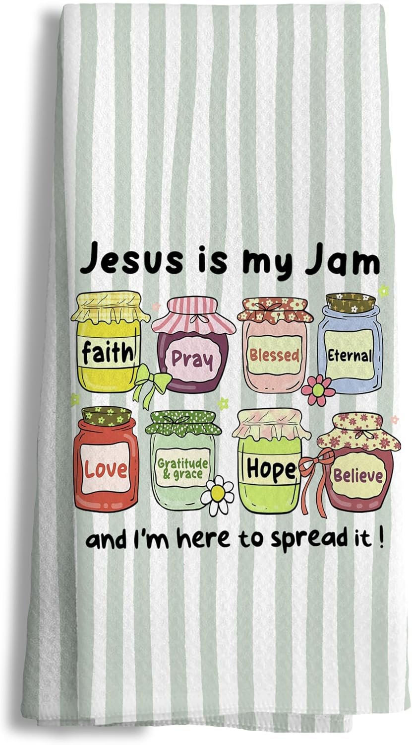Funny Christian Kitchen Towels Decorative, Christian Gifts for Women Hand Tea Towels for Kitchen, Sage Green Striped Jesus is My Jam Religious Bible Verse Dish Towel Dishcloth, 16×24 Inch