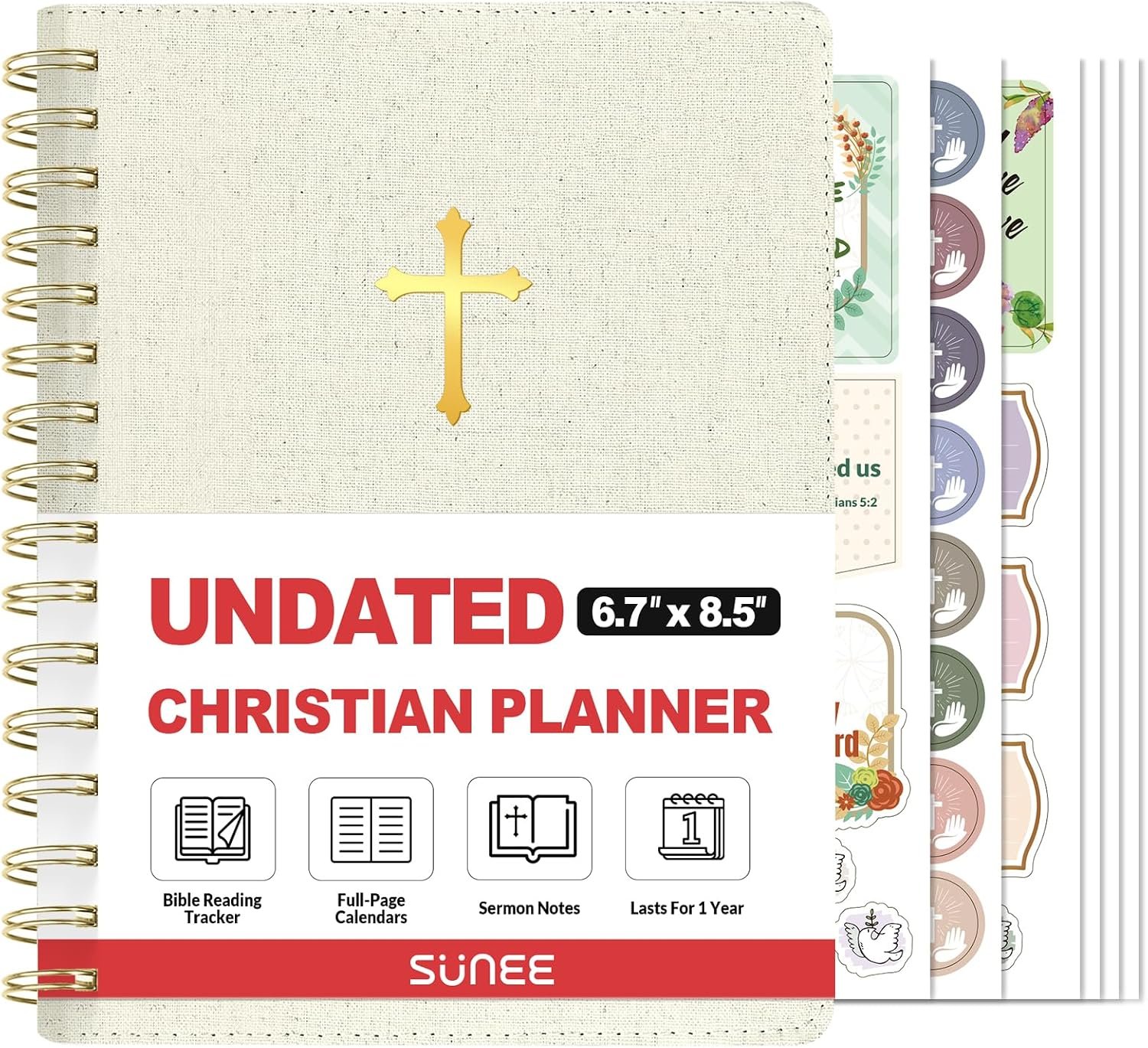 SUNEE Christian Planner – Undated 12 Month Bible Journal and Prayer Planner A5 Spiral Bound, Monthly & Weekly Christian Organizer Gifts for Women Men (Beige)