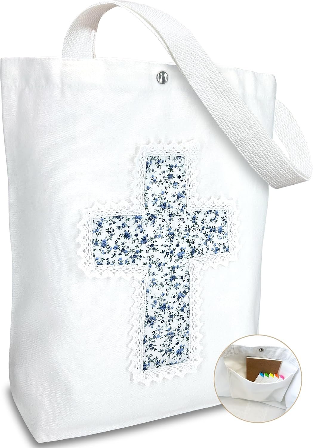 Christian Tote Bag Gift for Women, Canvas Bible Bag Handmade Floral Cross