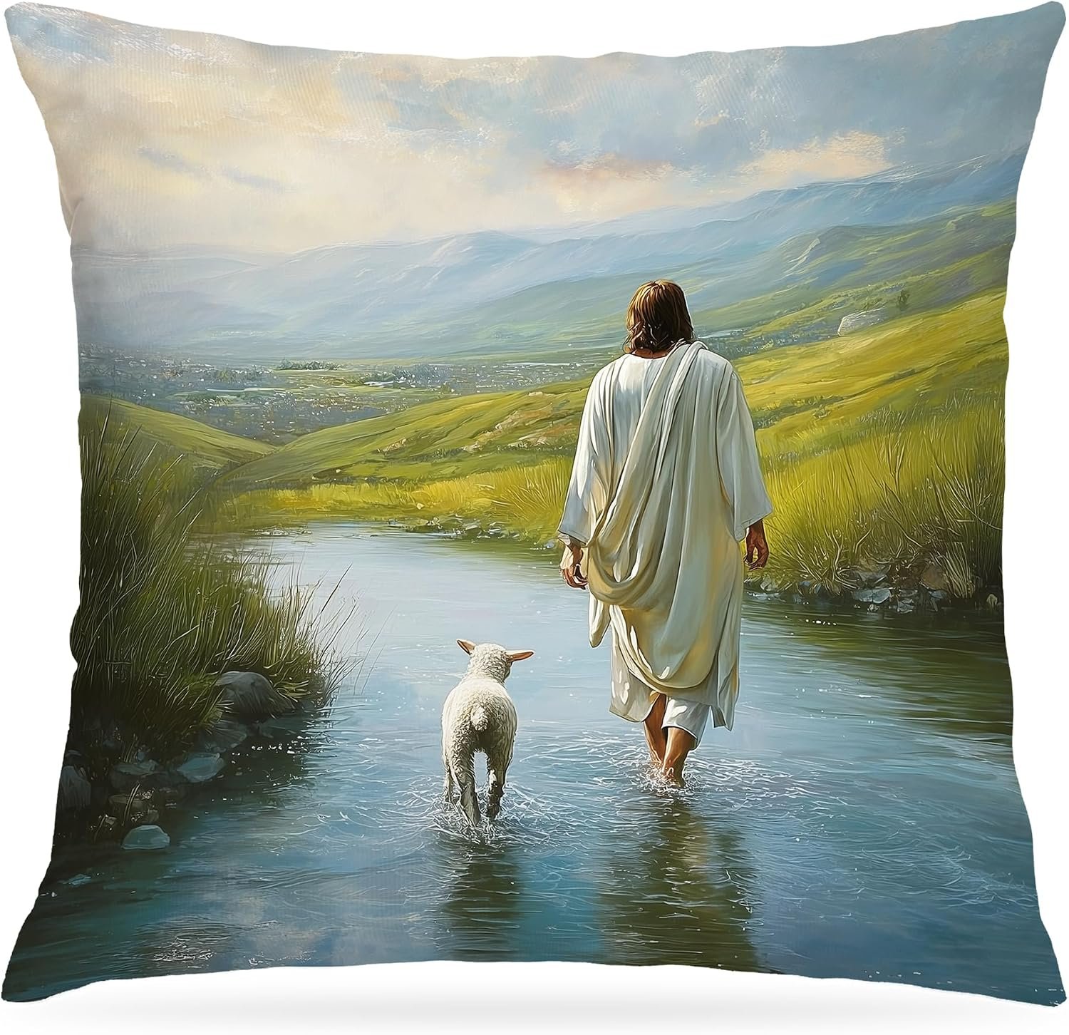 Christian Jesus and Lamb Walking on Water Pillow Cover 18×18, Jesus Leaves the 99 Bible Verses Scripture Decorative Throw Pillow Cover for Home Bedroom Living Room