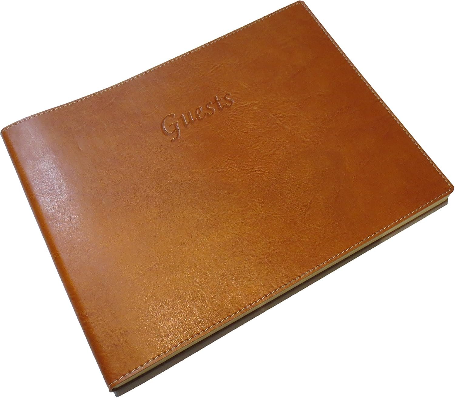 Soft Cover Italian Leather Guest Book with Guests Embossed on Cover – Tan