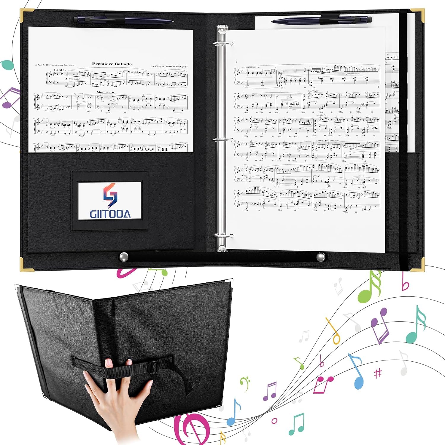 Choral Music Folders 3 Ring, Sheet Music Folder with Hand and Strap, Letter / A4 Size Choir Music Holder, Music Binders for Sheet Music, Orchestra Music, Stage Performance, Black