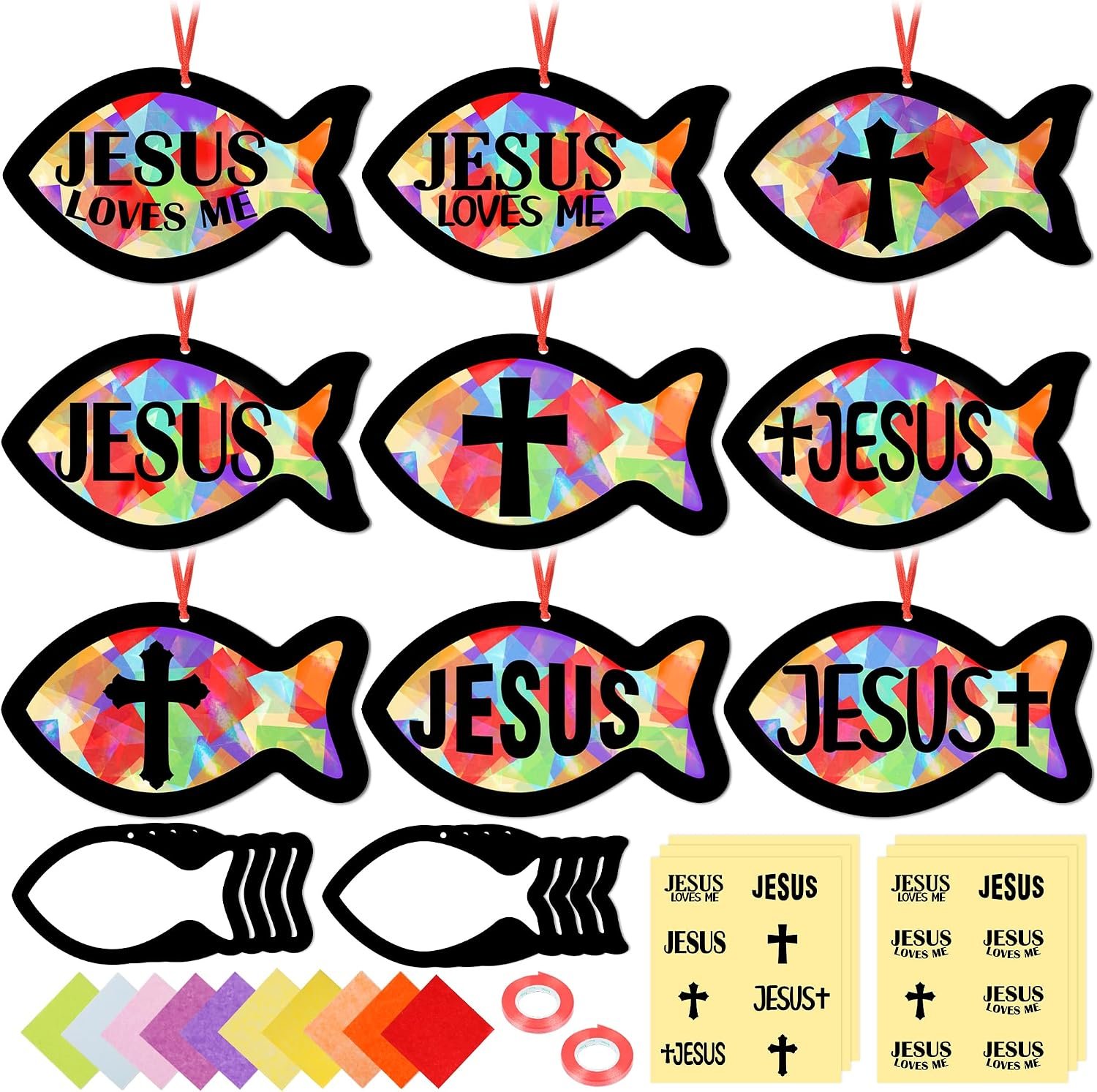 Renbuzhu 48PCS Sunday School VBS Crafts Bulk: Paper Jesus Fish Nativity Suncatchers, Religious Christian Activity DIY Kits Church Decorations, Window Stained Glass Effect Art Supplies