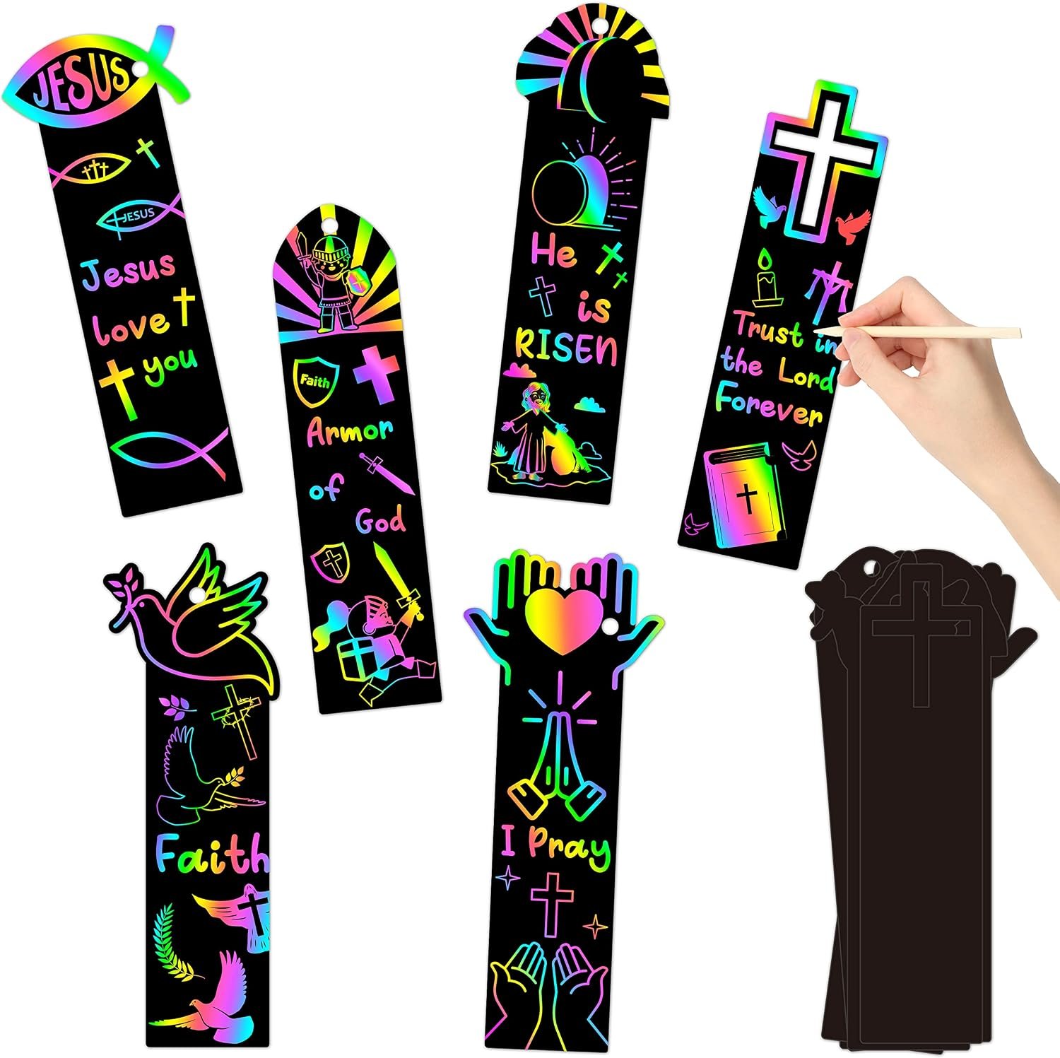 CY2SIDE 60PCS Religious Scratch Bookmarks, DIY Crosses Rainbow Color Paper Cards Craft Kits for Christian Sunday School Church, Easter Magic Art Project for Vacation Bible Classroom