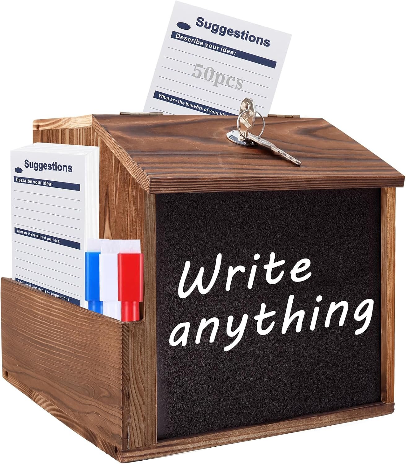 Wood Suggestion Box with Slot and Lock, Donation Box for Saving Fundraising