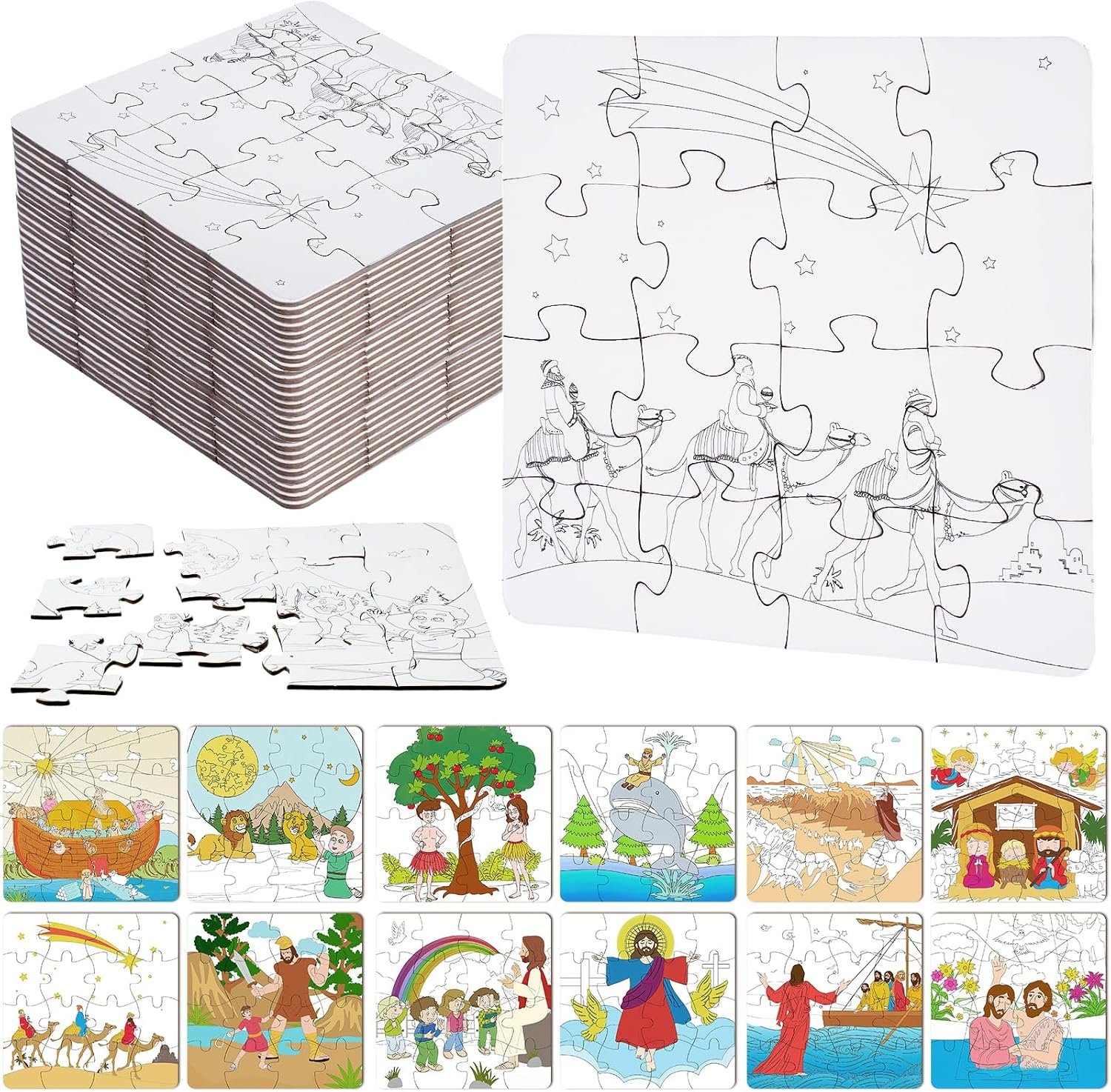 24 Pack Christian Color Your Own Jigsaw Puzzles for Kids,Jesus DIY Paper Jigsaw for Jesus Sunday School Classroom Party Favor Church Gifts(Bible Jigsaw)
