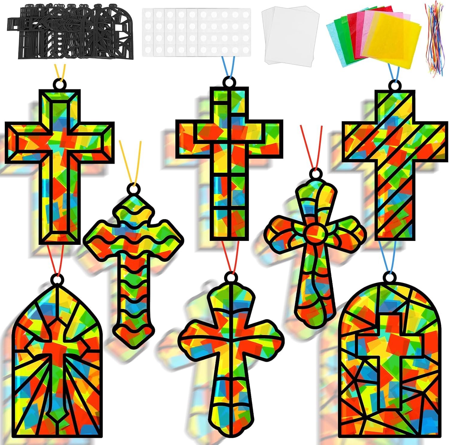 Lonfliness 32 Set Cross Suncatchers Craft DIY Religious VBS Window Stain Glass Effect Paper Christian Home Sunday Easter Decorations Art Craft Creative Activity Project Gift Favor