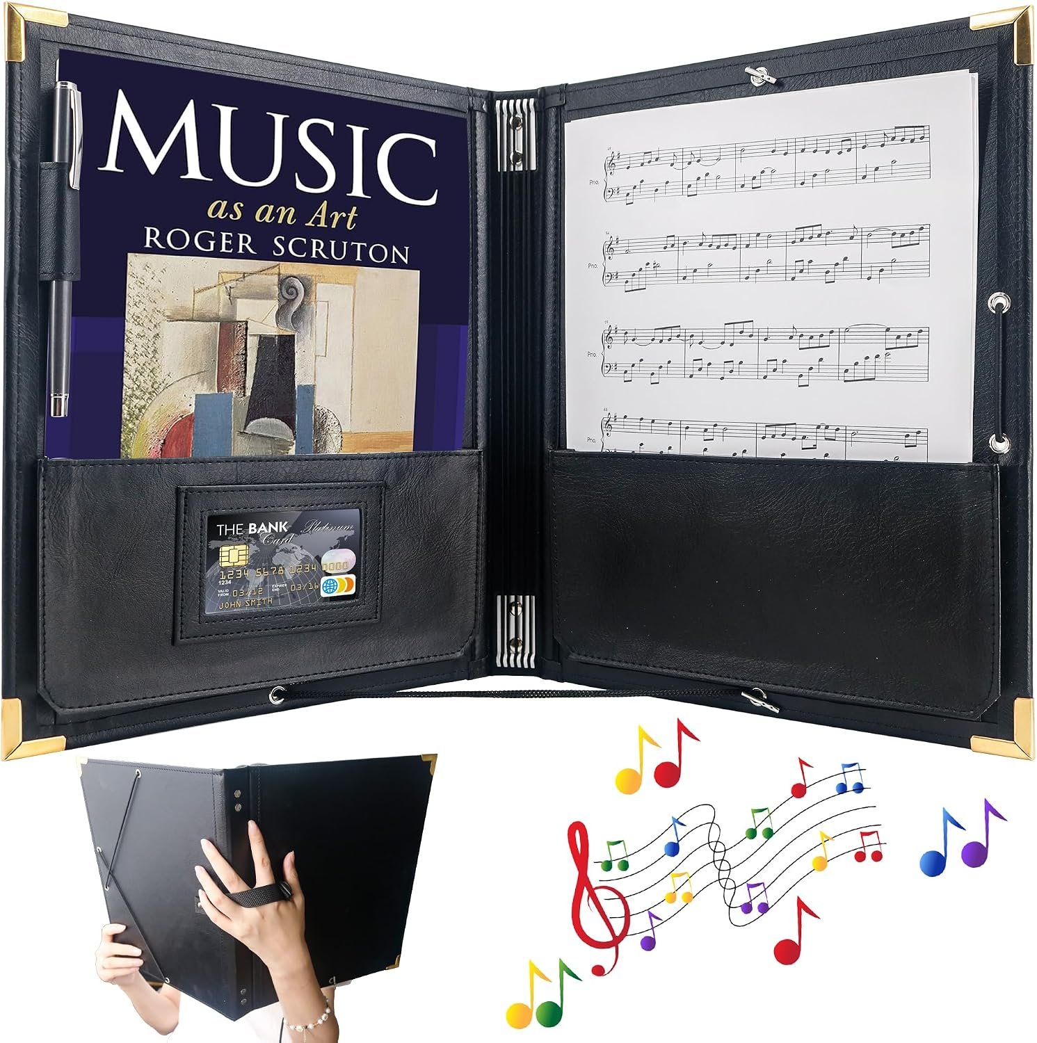 IvyRobes PU Leather Sheet Music Folder, 12.5″ x 10″ Choir Folder with Elastic String & Hand Strap,10 Pockets Fits 8.5″ x 11″, A4, 9″ x 12″ Sheets for Piano,Choral & Music Performance Black