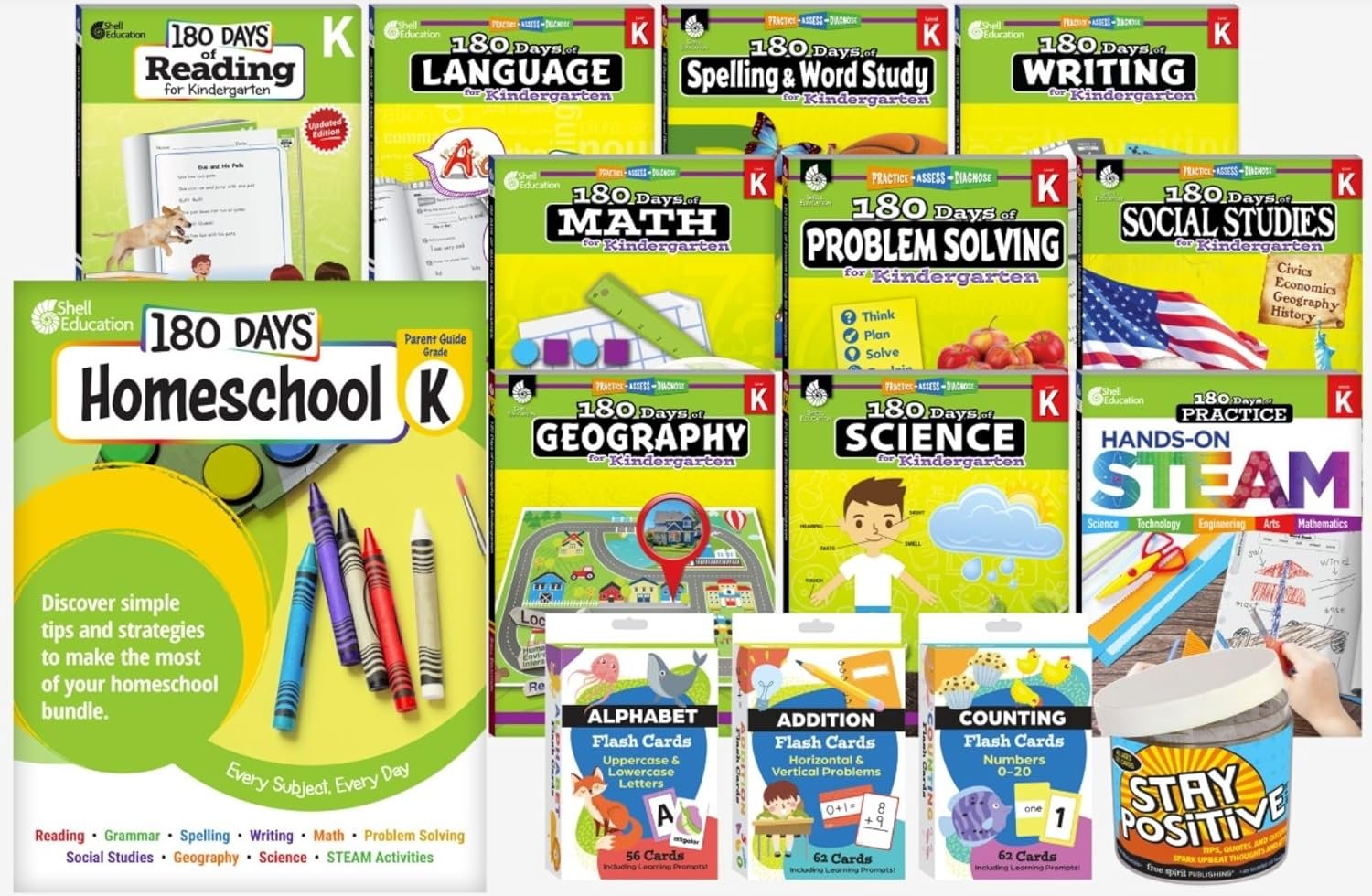 180 Days® Homeschool Kindergarten Set: Every Subject, Every Day (ten 180 Days® activity books, three flash card decks, and one In a Jar activity cards, and a parent guide): Every Subject, Every Day