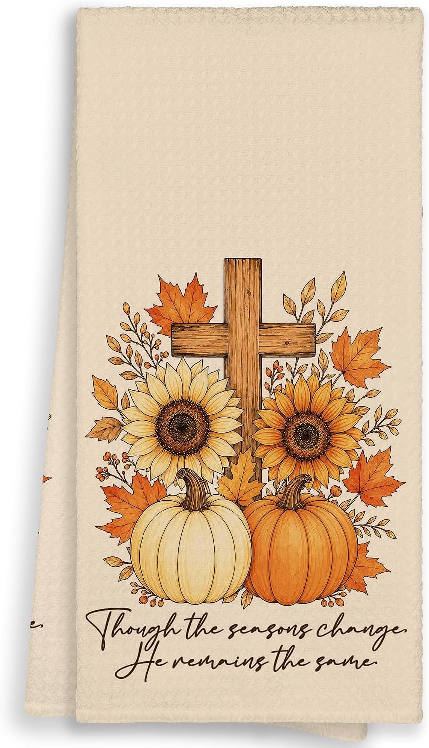 Christian Cross Rustic Fall Sunflower Pumpkin Kitchen Towels 16x24in