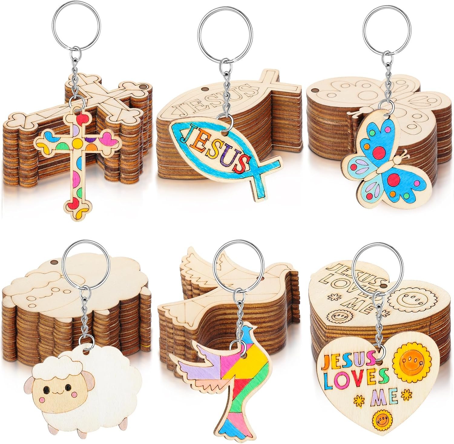 Blueweenly 24 Pcs DIY Wooden Religious Crafts, Keychains, Sunday School