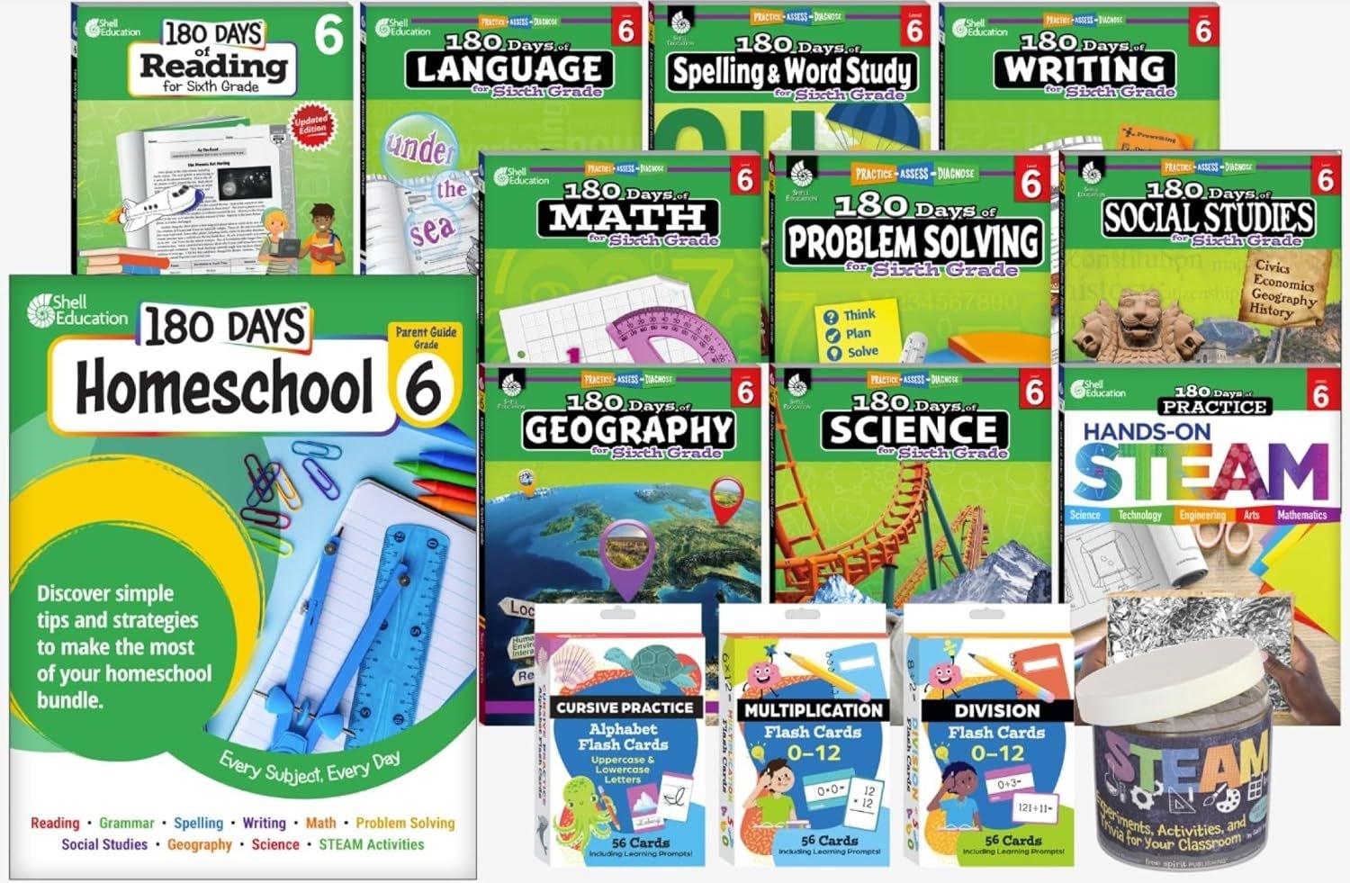 180 Days® Homeschool Grade 6 Set: Every Subject, Every Day (ten 180 Days® activity books, three flash card decks, and one In a Jar activity cards, and a parent guide): Every Subject, Every Day