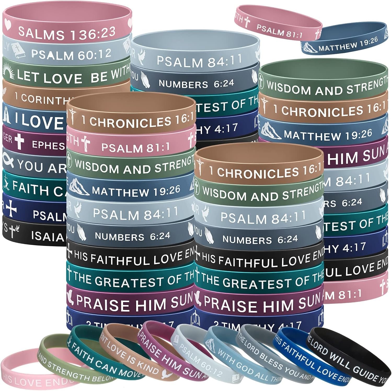 Minatee 60 Pcs Bible Verse Christian Bracelets Bulk, Classic Colors