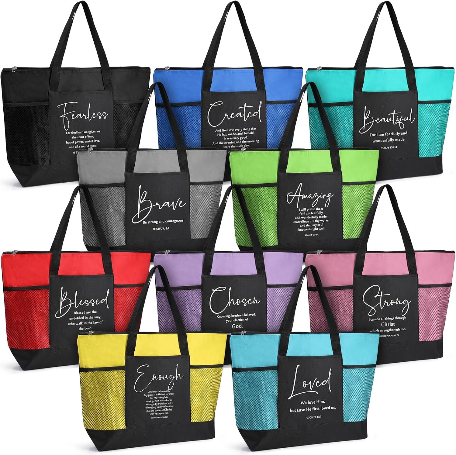 Paterr 10 Pcs Christian Tote Bags Bulk with Pocket Zipper for Women Religious Gifts Bags for Church Bible Study(Colorful,Encouraged)
