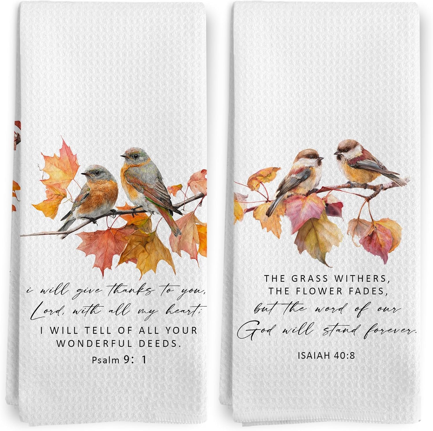 Fall Christian Bird Decor Kitchen Towels Set of 2, Bible Verse Maple Leaf Floral Dish Tea Towels for Kitchen, Autumn Leaf Decor Hand Towels for Bathroom, Christian Gifts for Women, 16×24 Inch