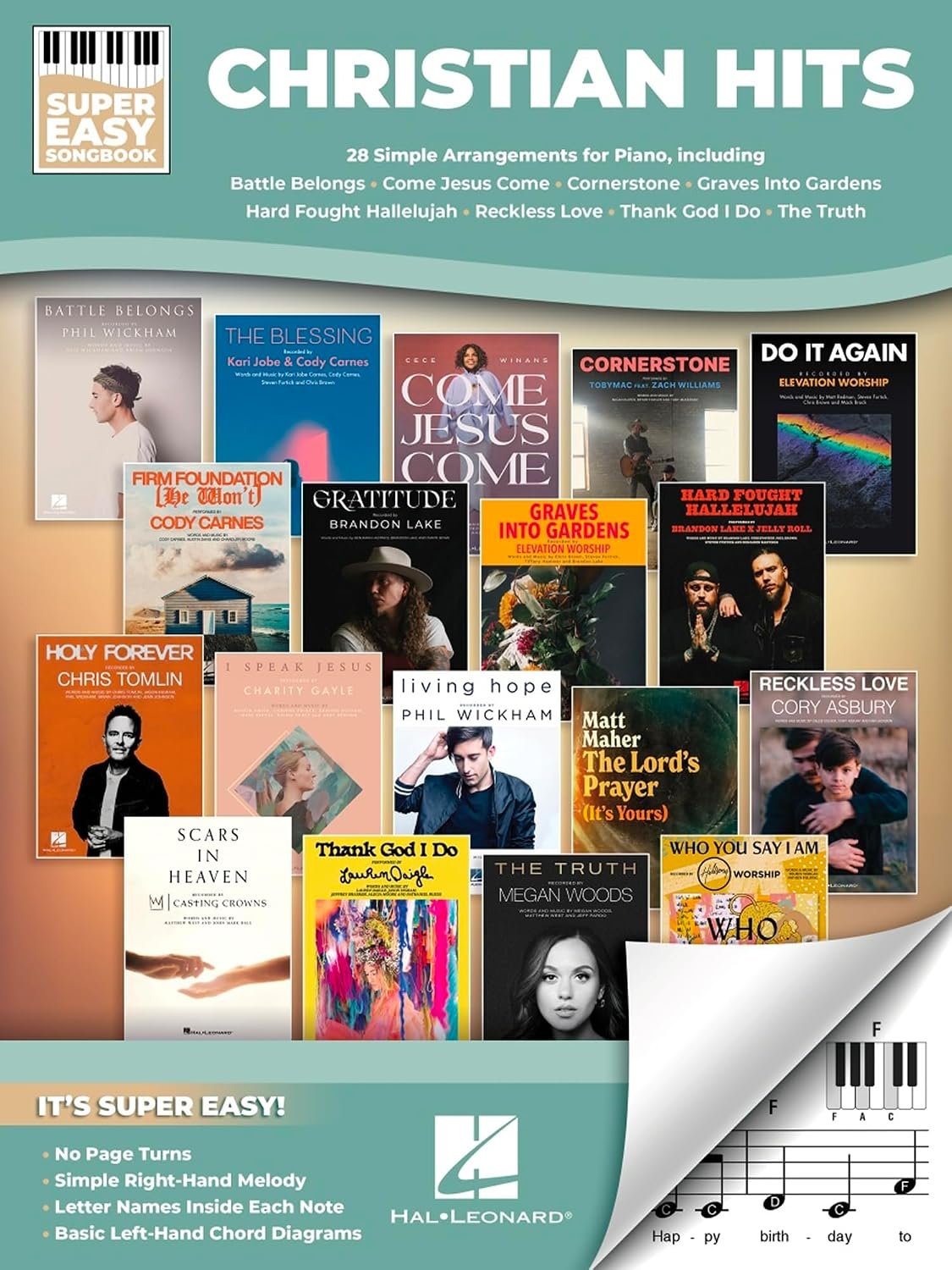 Christian Hits Super Easy Songbook for Piano with Lyrics | 28 Contemporary Christian Worship Songs for Piano Keyboard | Letter Names, Chord Diagrams, No Page Turns, Christian Sheet Music