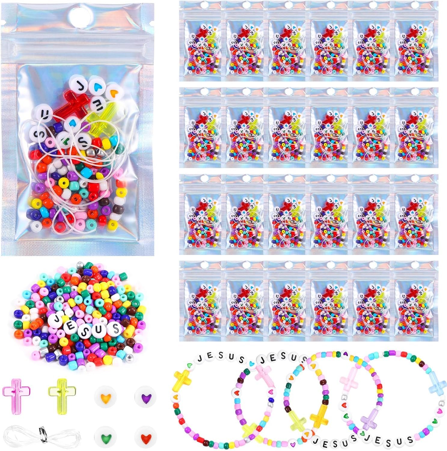 24 Pack Christian Bracelet Kits Bible Crafts Cross Beads for Sunday Crafts