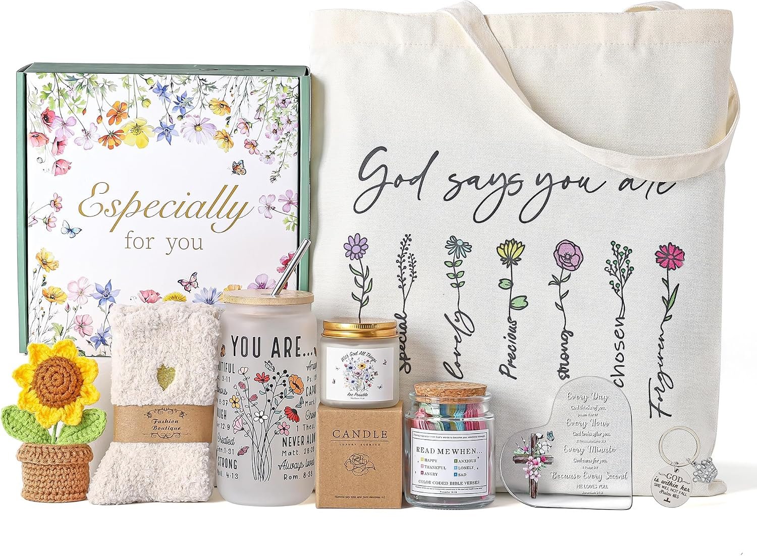 Christian Gifts for Women,Inspirational Gift for Women Birthday Unique Catholic Gifts set Bible Accessories,Faith Based Gift Glass Cup Bible Verse Jar,Religious Gift for Easter, Birthday, Anniversary
