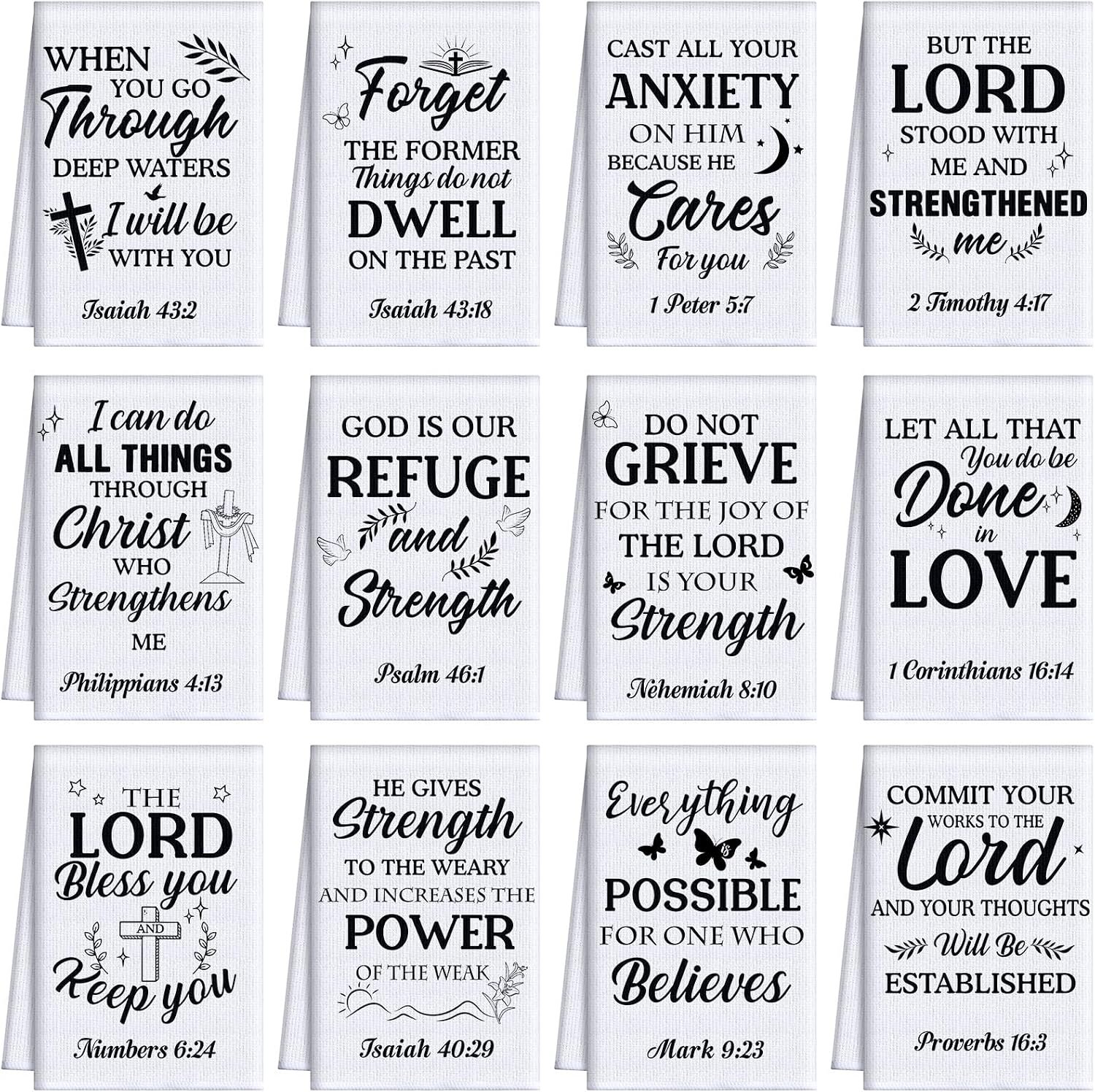 FuWeave 12 Pcs Religious Christian Kitchen Dish Towels Christian Gifts for Women Men Bible Verse Dishcloths Absorbent Scripture Tea Hand Towels for Housewarming Party Favors(White and Black,Classic)