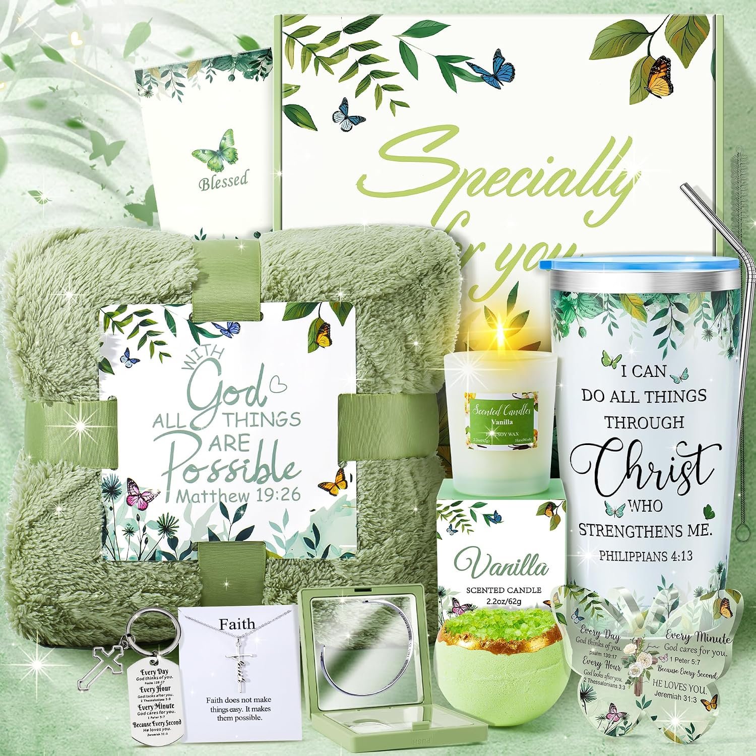 Fortuning’s JDS 13PCS Christian Gifts for Women Faith- Inspirational Religious Catholic Gifts Basket, Green Self Care Package Get Well Soon Gifts,Birthday Gifts, for Mom Her Wife Girlfriend Friend