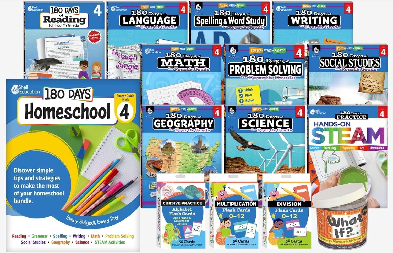180 Days® Homeschool Grade 4 Set: Every Subject, Every Day (ten 180 Days® activity books, three flash card decks, and one In a Jar activity cards, and a parent guide): Every Subject, Every Day