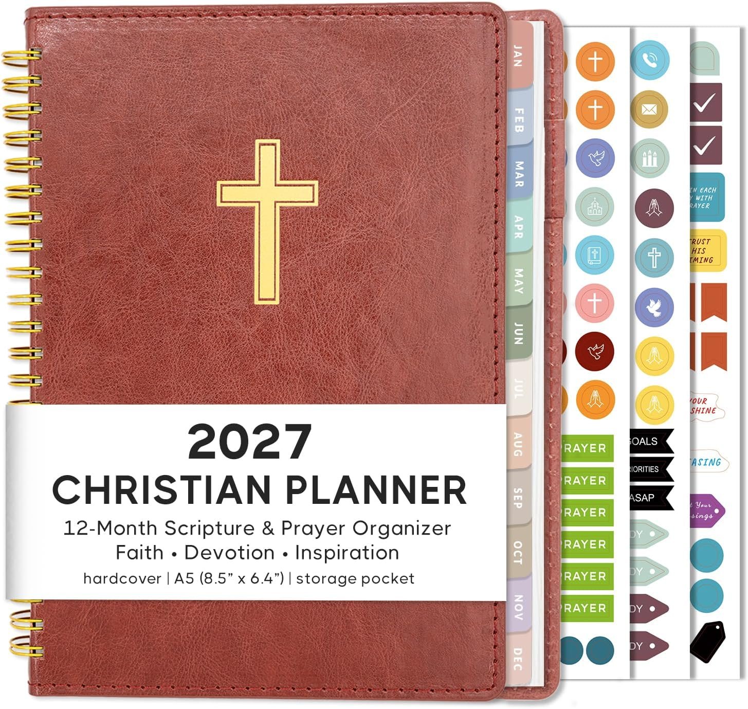 2027 Christian Planner & Prayer Journal, A5 Weekly Monthly Spiral, Brown