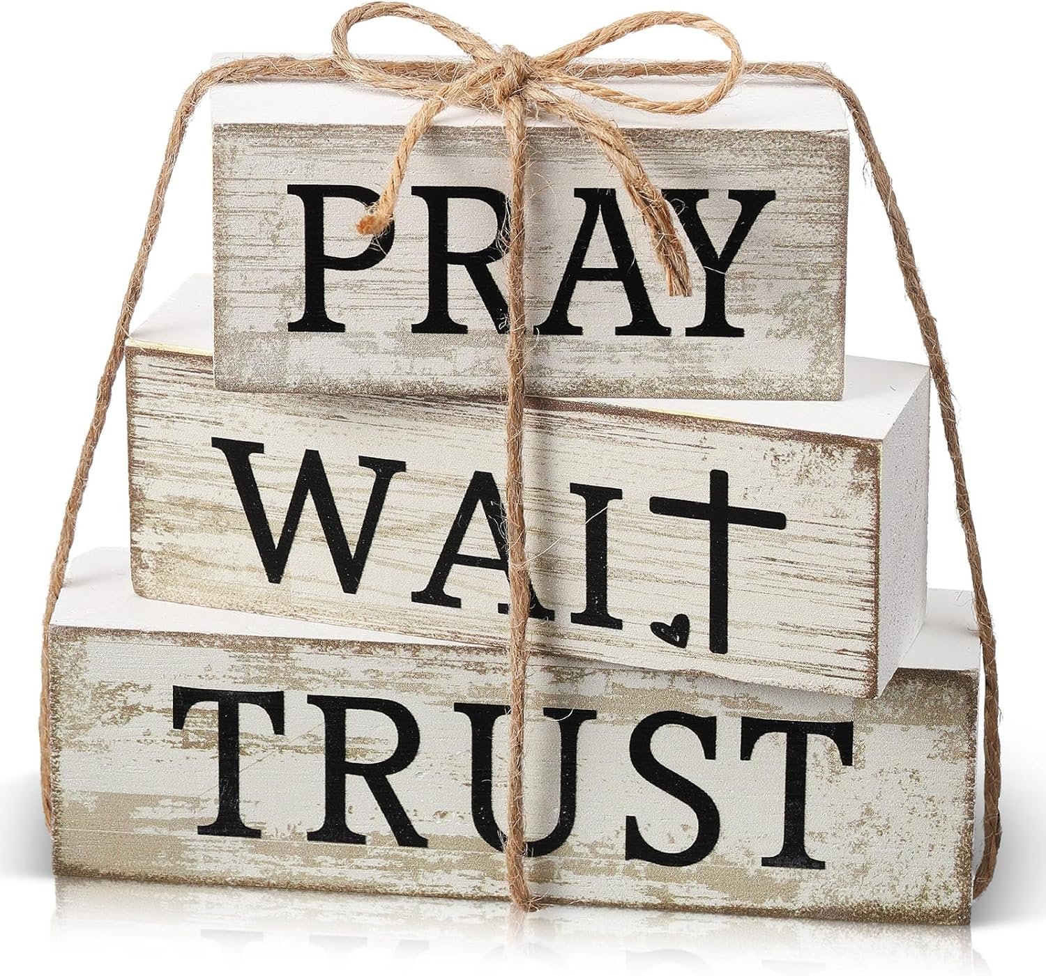 CroBlissful 4 Pcs Farmhouse Wooden Table Decor Christian Tiered Tray Decorations Rustic Religious Gift Block Sign Pray Wait Trust Table Centerpiece for Home Kitchen Living Room Shelf Mantle