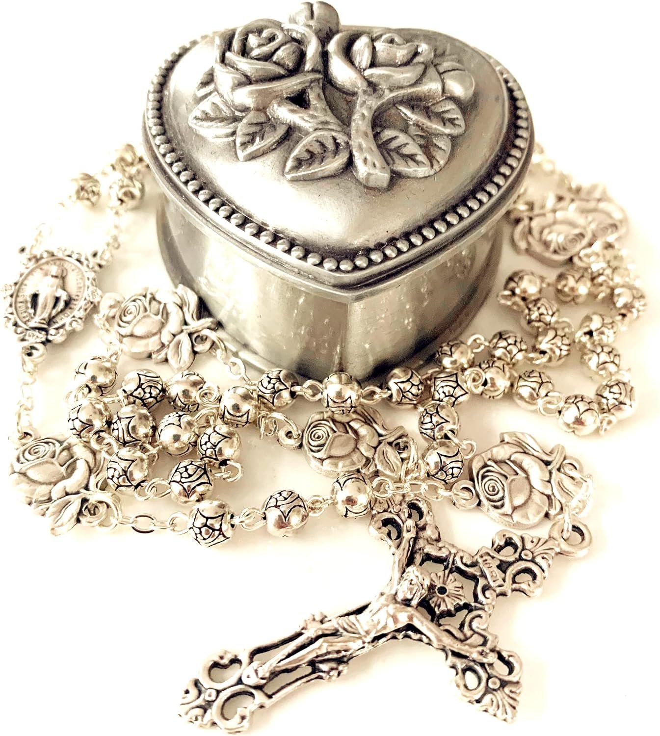 elegantmedical HANDMADE Silver rose beads Catholic 5 DECADE Rosary case Cross Gift Box Italy crucifix cross