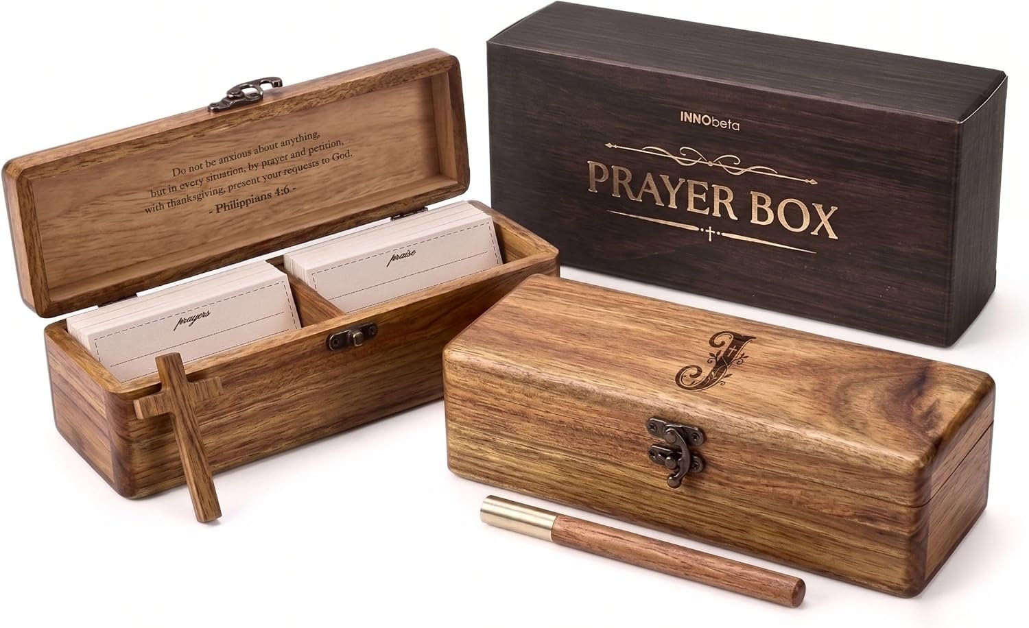 InnoBeta Personalized Acacia Wood Prayer Box – Custom Monogram Christian Gifts for Women & Men with Philippians 4:6, Includes 100 Prayer & Praise Cards, Wooden Cross and Pen – Letter J