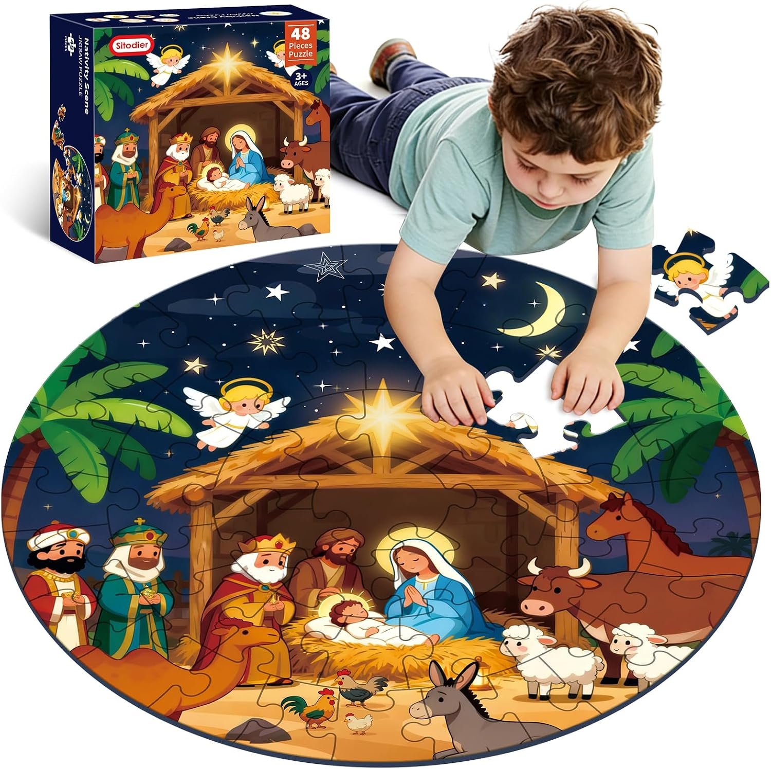 Sitodier Christian Bible Puzzles for Kids, 48-Piece Nativity Scene of Jesus Floor Puzzle, Educational Toy for Sunday School, Holy Week and Palm Sunday, Gift for Boys and Girls Ages 3 to 8