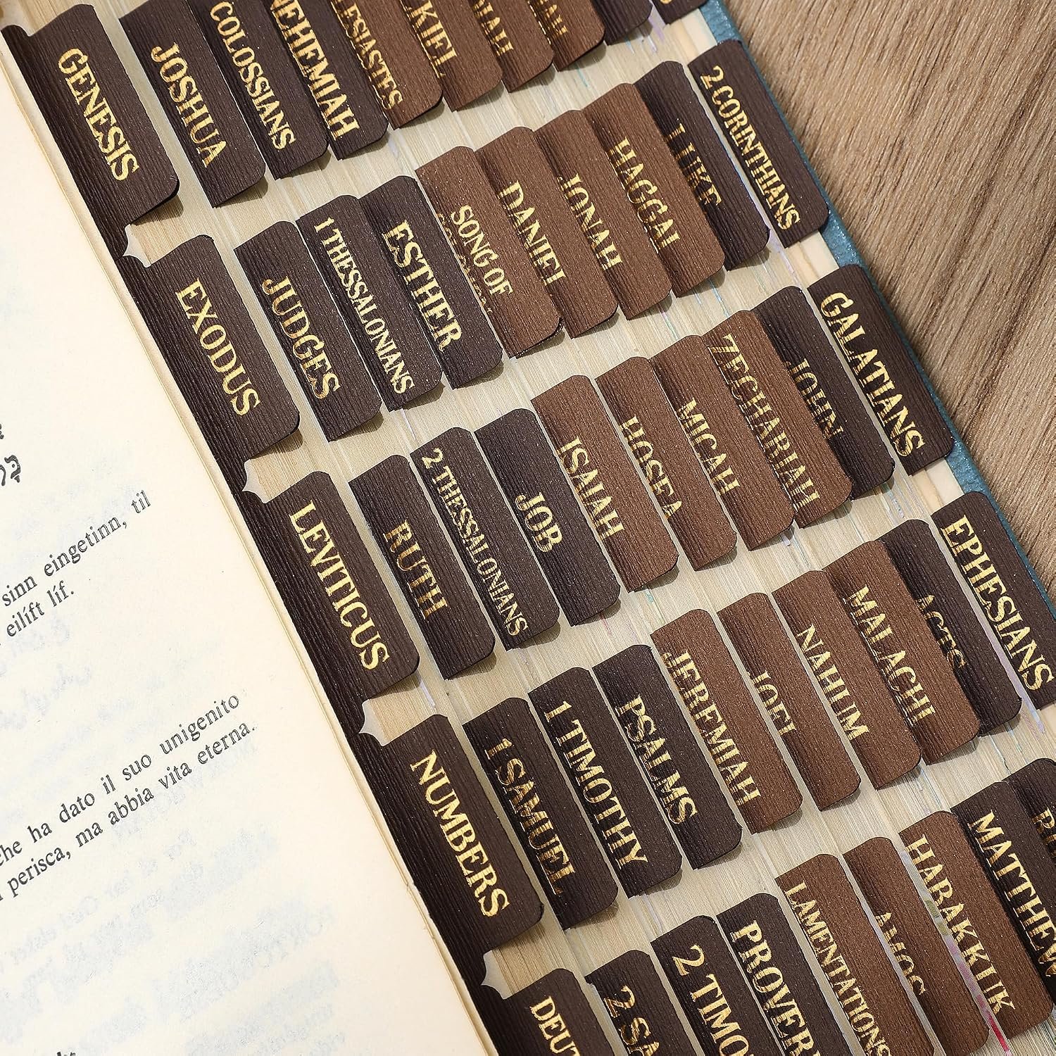 Woodgrain Texture Bible Tabs, 80 Pcs Chestnut Brown Gold Foil Index Tabs with Ruler – 66 Books Chapters & 14 Blank DIY Stickers, Bible Study Journaling Supplies, Nature-Inspired Gift Set for Men Women