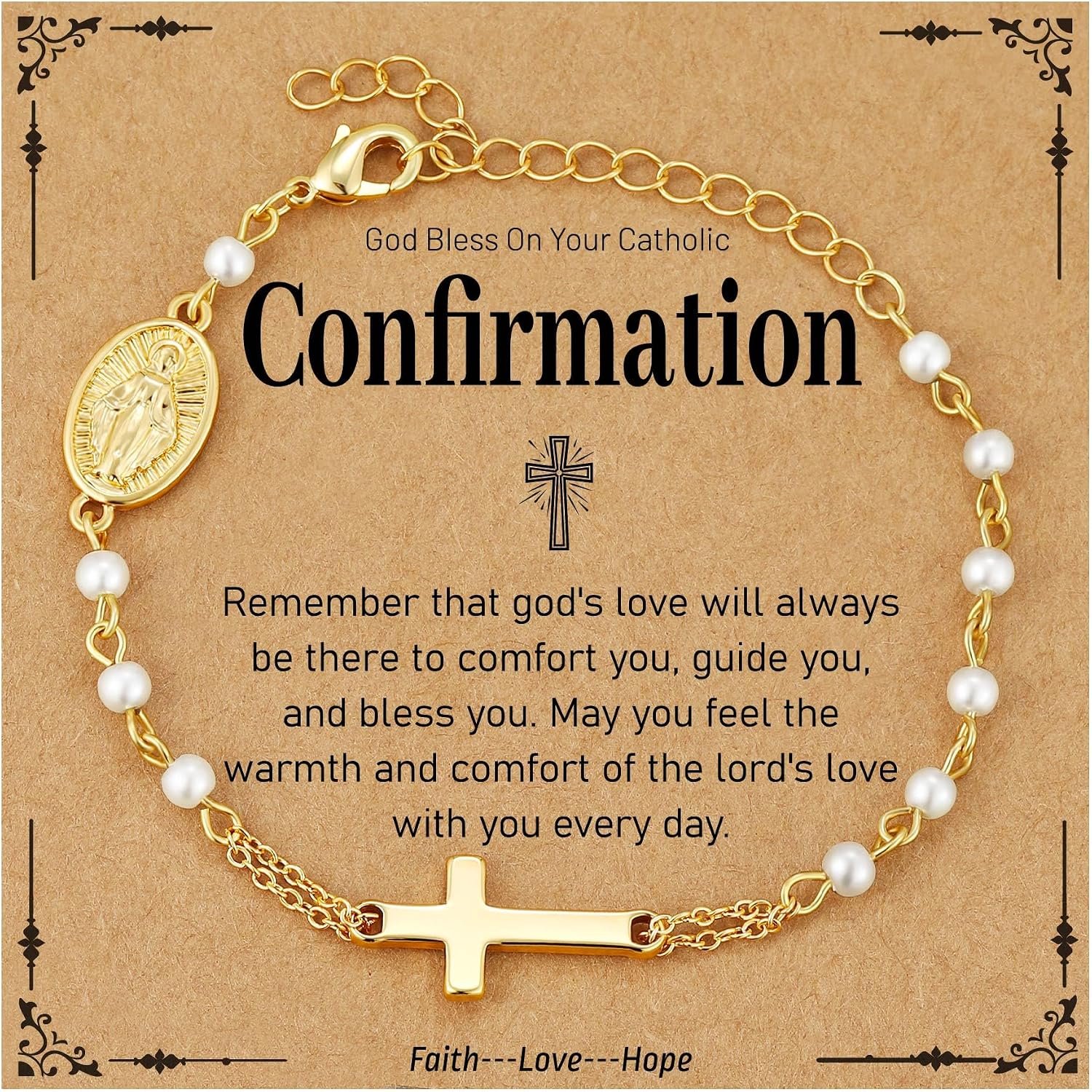 Catholic Bracelets Gifts for Women Girls, Simulated Pearl Rosary Beads Virgin Mary Cross Charm Bracelet Confirmation First Communion Baptism Religious Christian Jewelry Gift