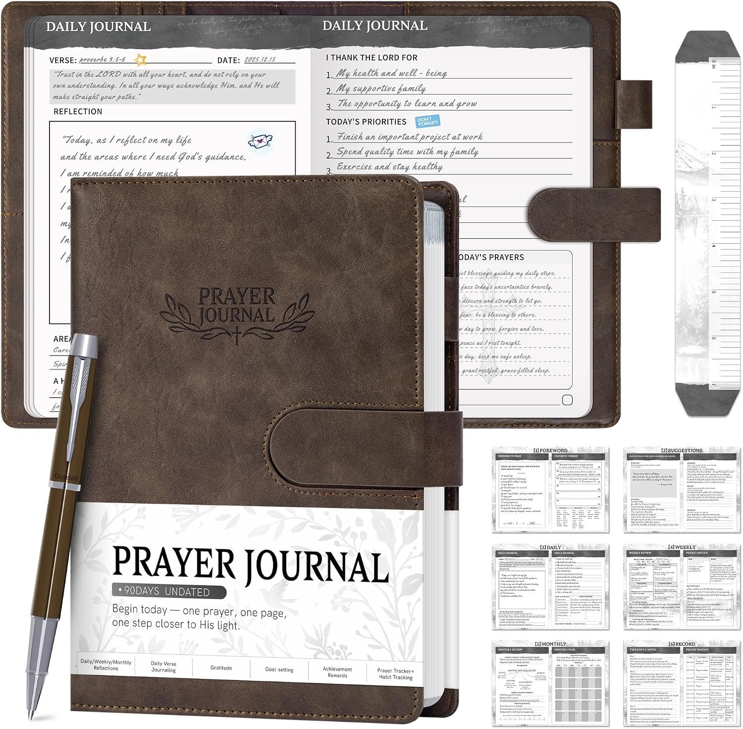 Ospelelf Brown Christian Daily Prayer Journal for Men, Faux Leather Gratitude Journal Planners, Undated 3 Month Bible Notebooks for Note Taking 2026 2027