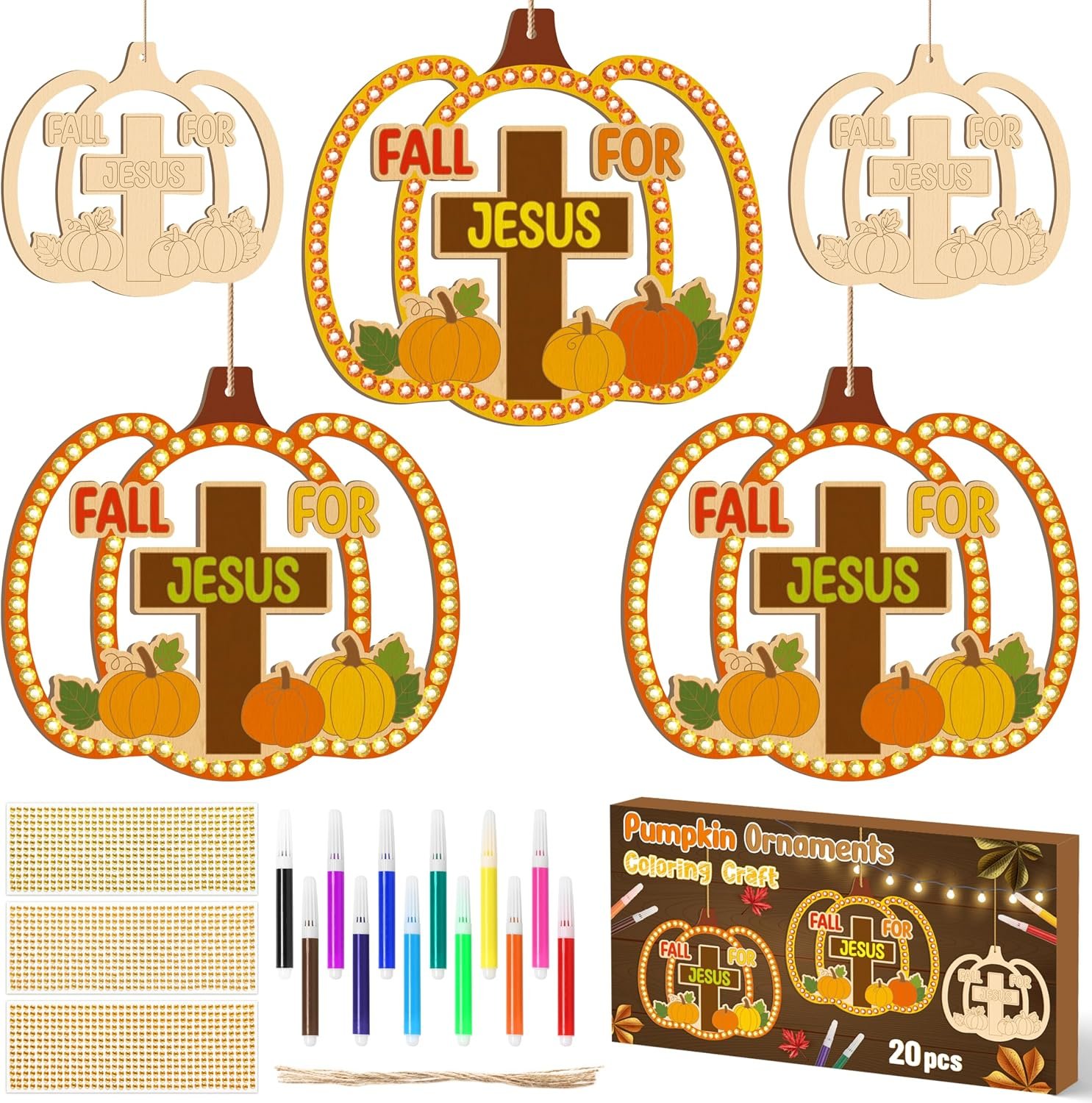 BeYumi Fall Wooden Pumpkin Craft – 20Pcs DIY Wooden Pumpkin Ornaments Craft Kit for Kids Make Your Own Christian Religious Fall for Jesus Craft with Gem Sticker Church Thanksgiving Party Decoration