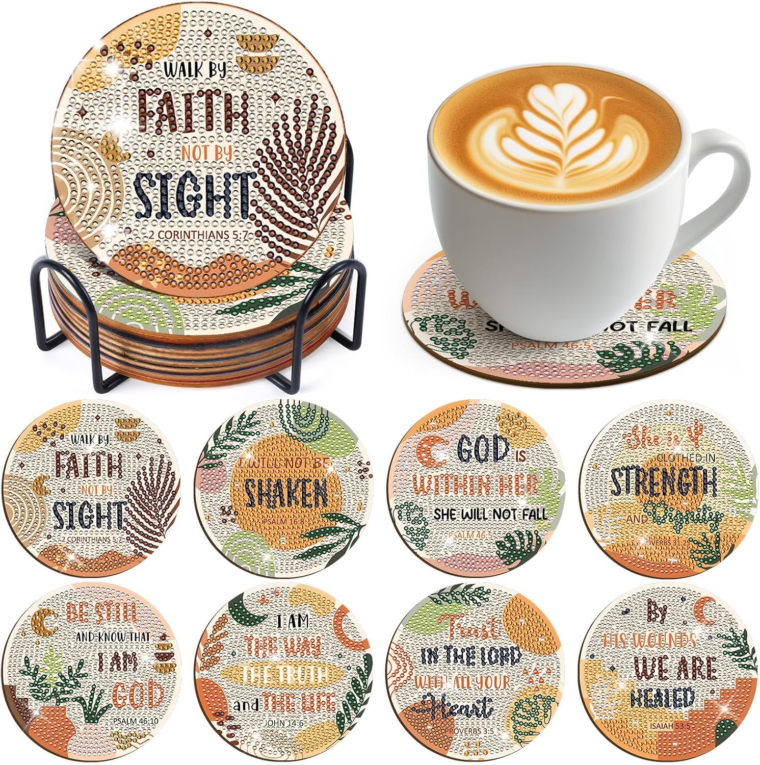 Christian Diamond Art Coasters – 8 Pcs Religious Diamond Painting Coasters Kit for Adult, Bohemian 3D Rhinestone Gem Art DIY Craft Kit for Women