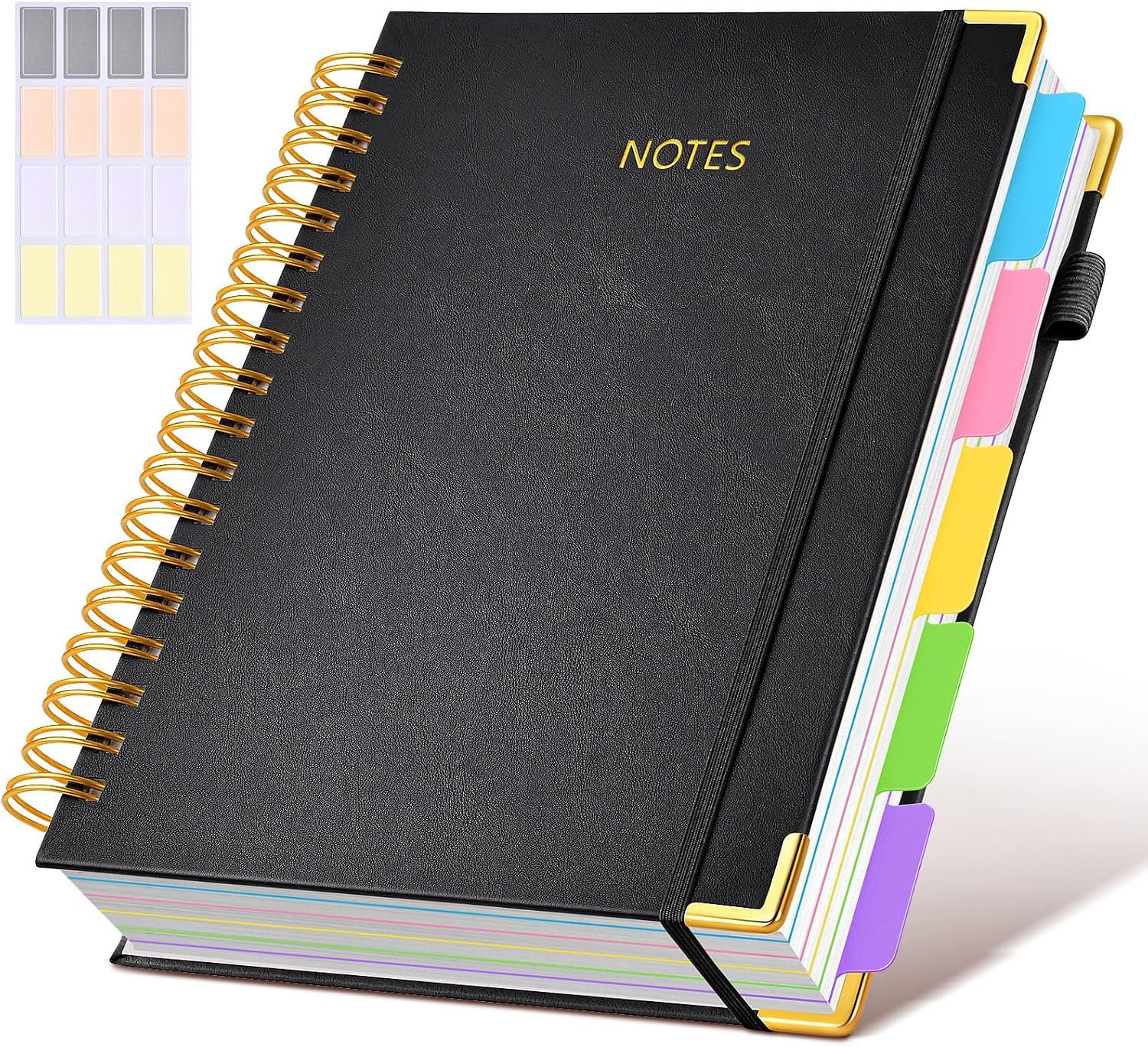 Hardcover Spiral Notebook journal with Removable Dividers Tabs, 300 Pages Leather 5 Subject Notebook College Ruled, 8″x10″ Large B5 Notebooks for Work School Note taking, Lined Journal for Women,Black